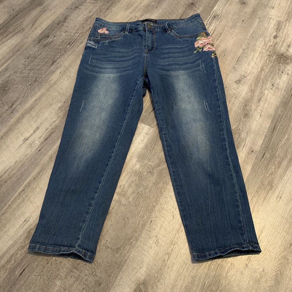 Style Me Denim Womens 12 Flower Embroidered Stretch Tapered Blue Jeans